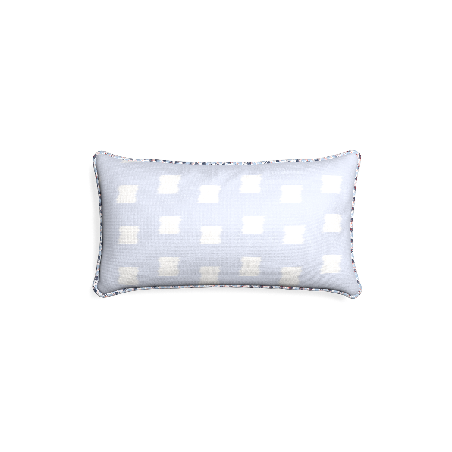 Petite-lumbar denton custom sky blue patternpillow with e piping on white background