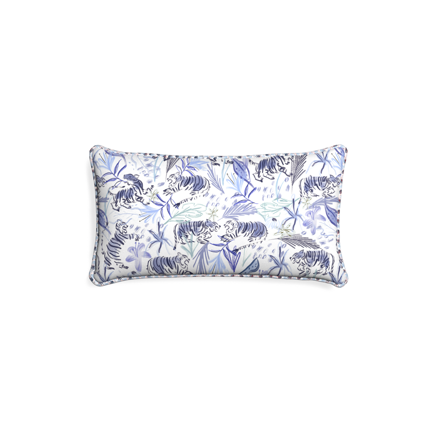 Petite-lumbar frida blue custom blue with intricate tiger designpillow with e piping on white background