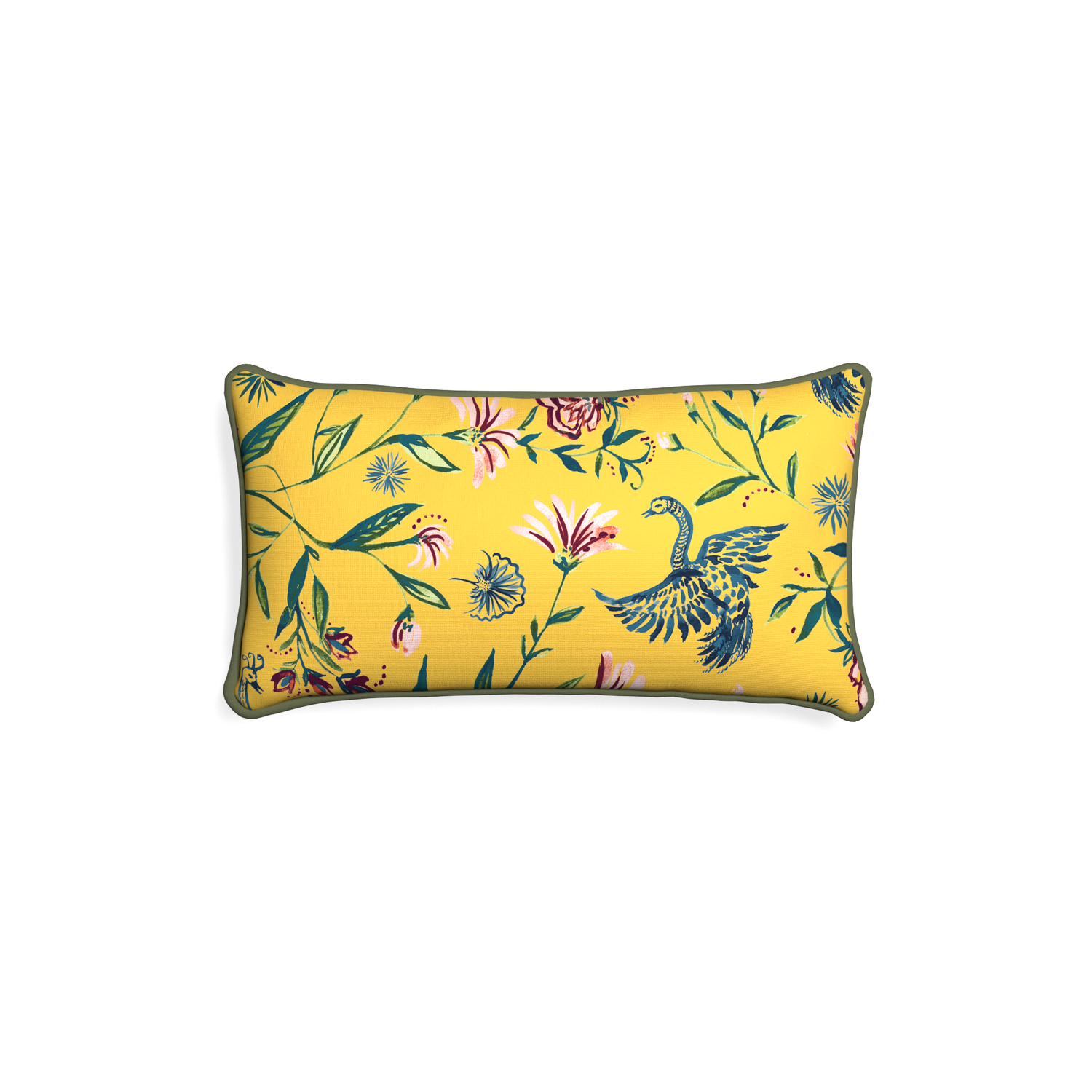 Petite-lumbar daphne canary custom yellow chinoiseriepillow with f piping on white background