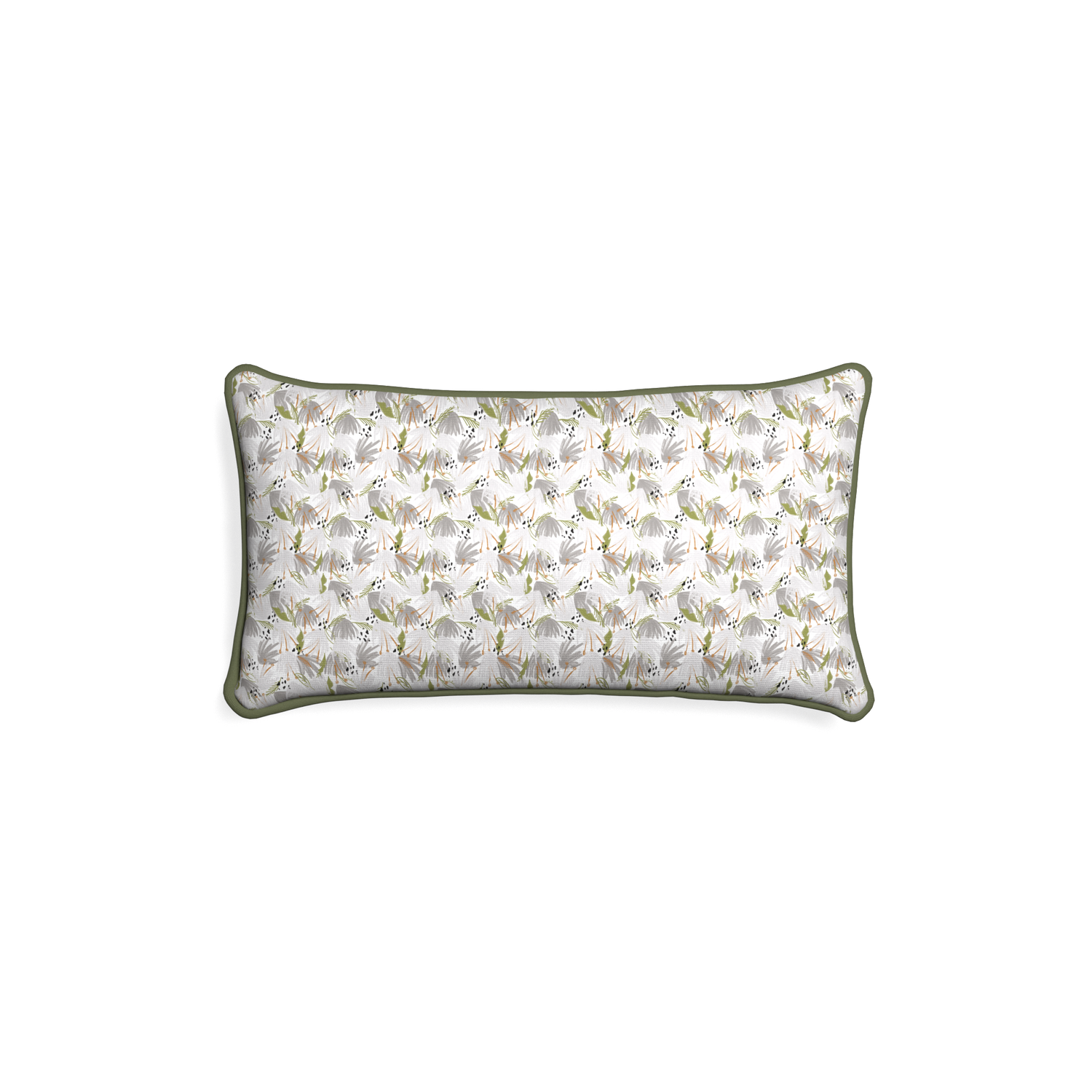 Petite-lumbar eden grey custom grey floralpillow with f piping on white background