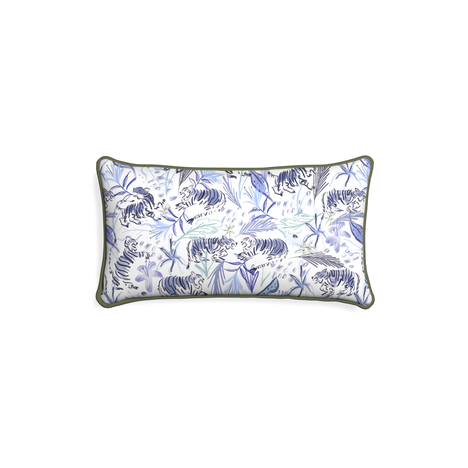 Petite-lumbar frida blue custom blue with intricate tiger designpillow with f piping on white background