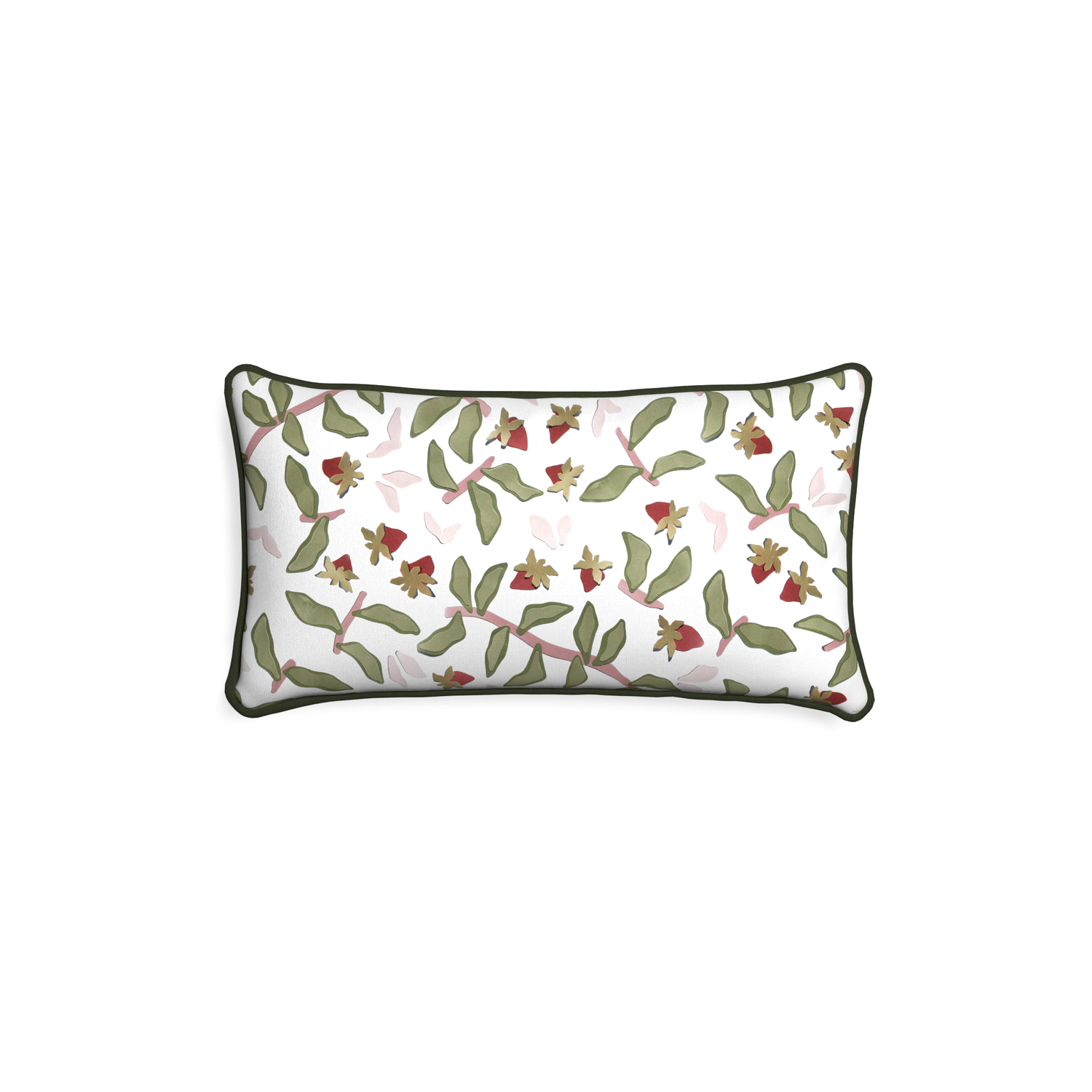 Petite-lumbar nellie custom strawberry & botanicalpillow with f piping on white background