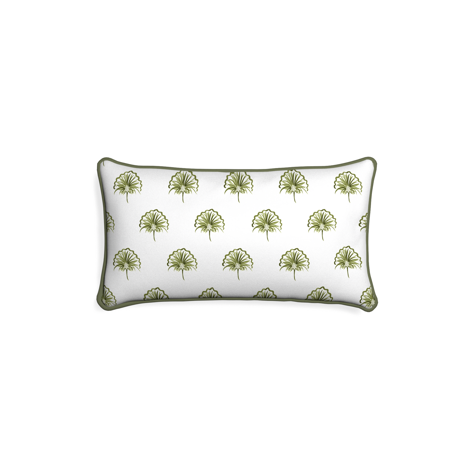 Petite-lumbar penelope moss custom green floralpillow with f piping on white background