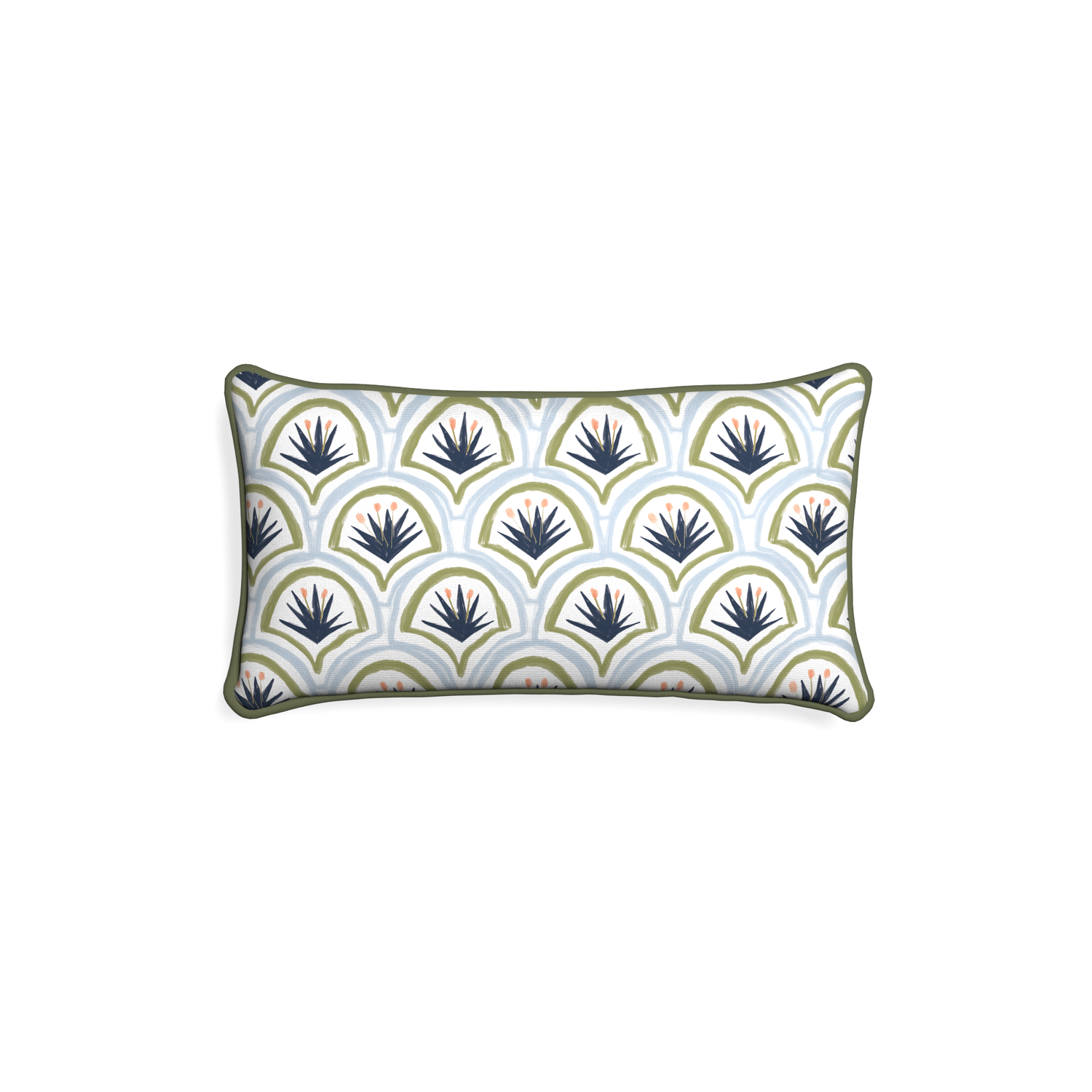 Petite-lumbar thatcher midnight custom art deco palm patternpillow with f piping on white background