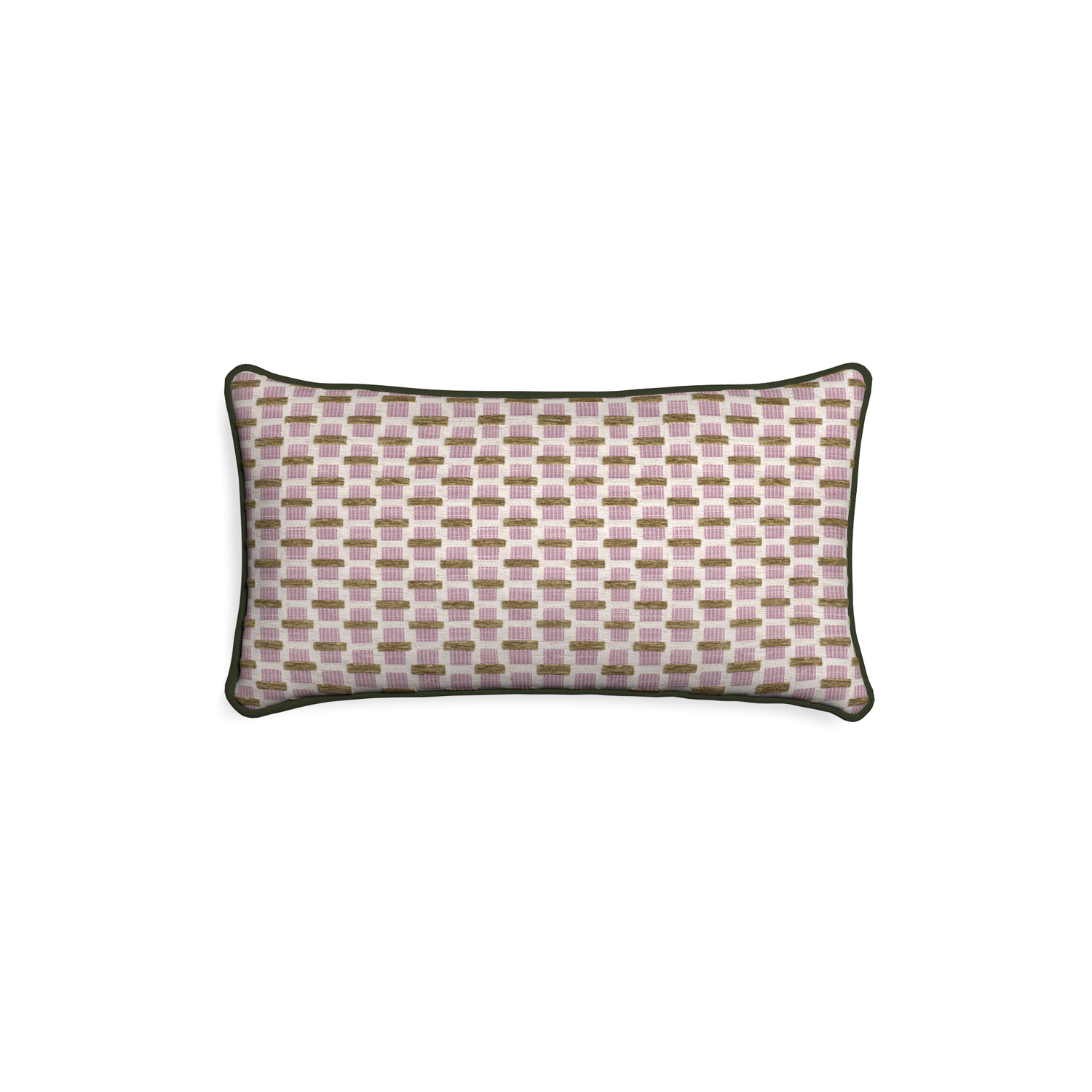 Petite-lumbar willow orchid custom pink geometric chenillepillow with f piping on white background