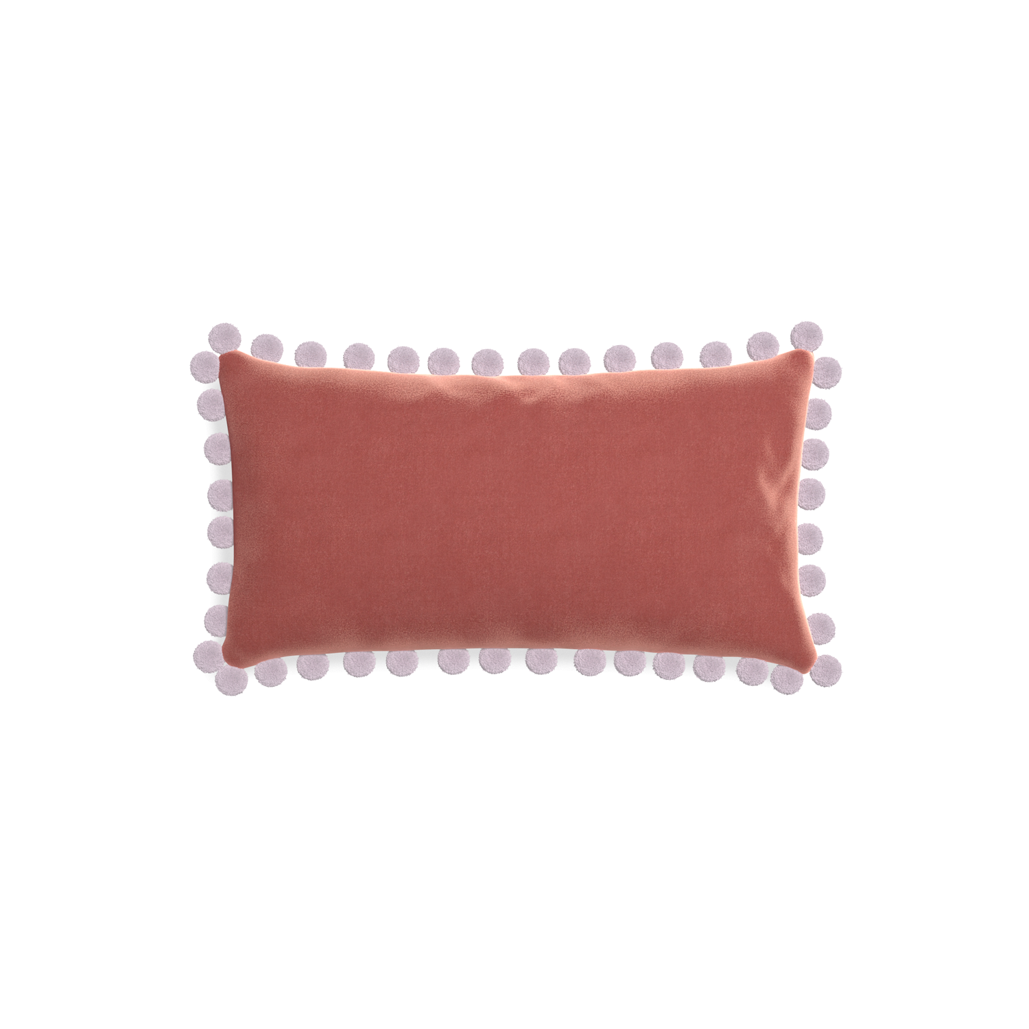 rectangle coral velvet pillow with lilac pom poms