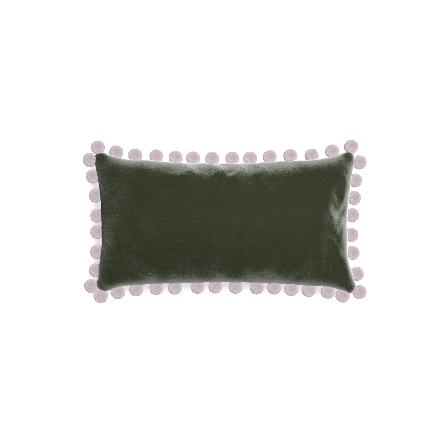 rectangle fern green velvet pillow with lilac pom poms