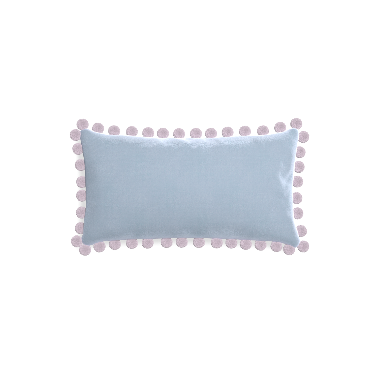 rectangle light blue velvet pillow with lilac pom poms 