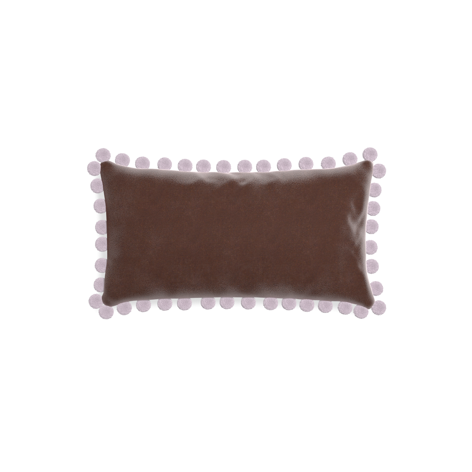rectangle brown velvet pillow with lilac pom poms