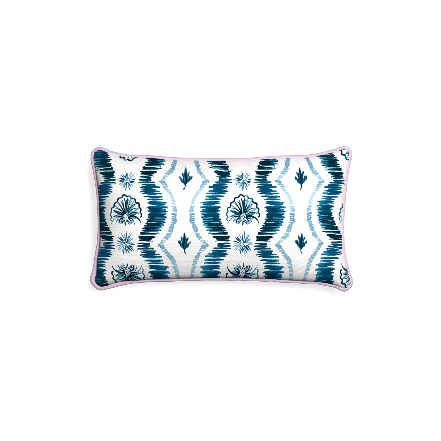 Petite-lumbar alice custom blue ikatpillow with l piping on white background