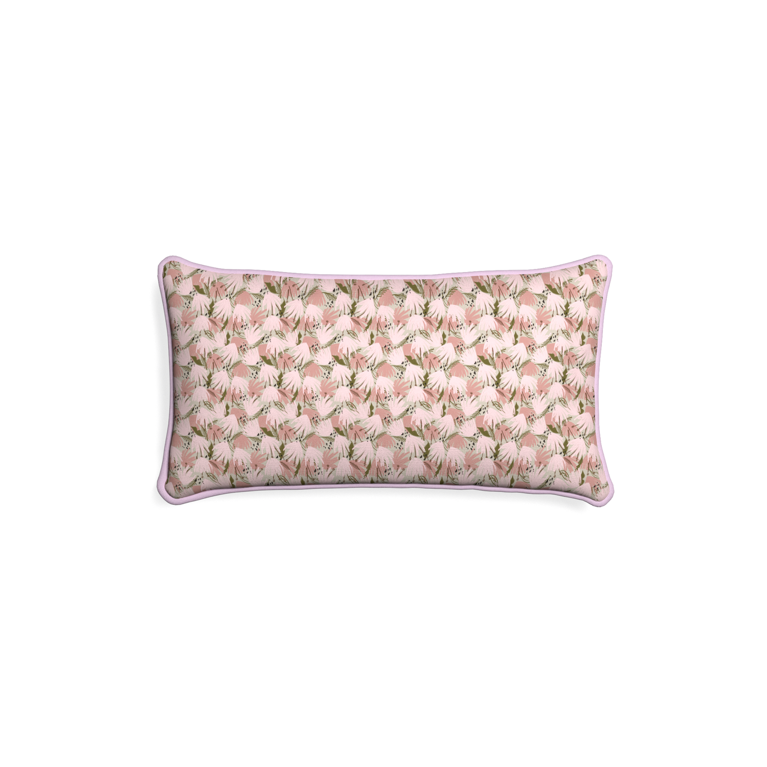 Petite-lumbar eden pink custom pink floralpillow with l piping on white background