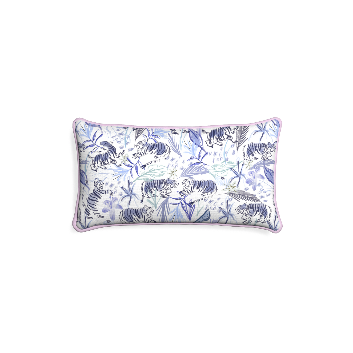 Petite-lumbar frida blue custom blue with intricate tiger designpillow with l piping on white background