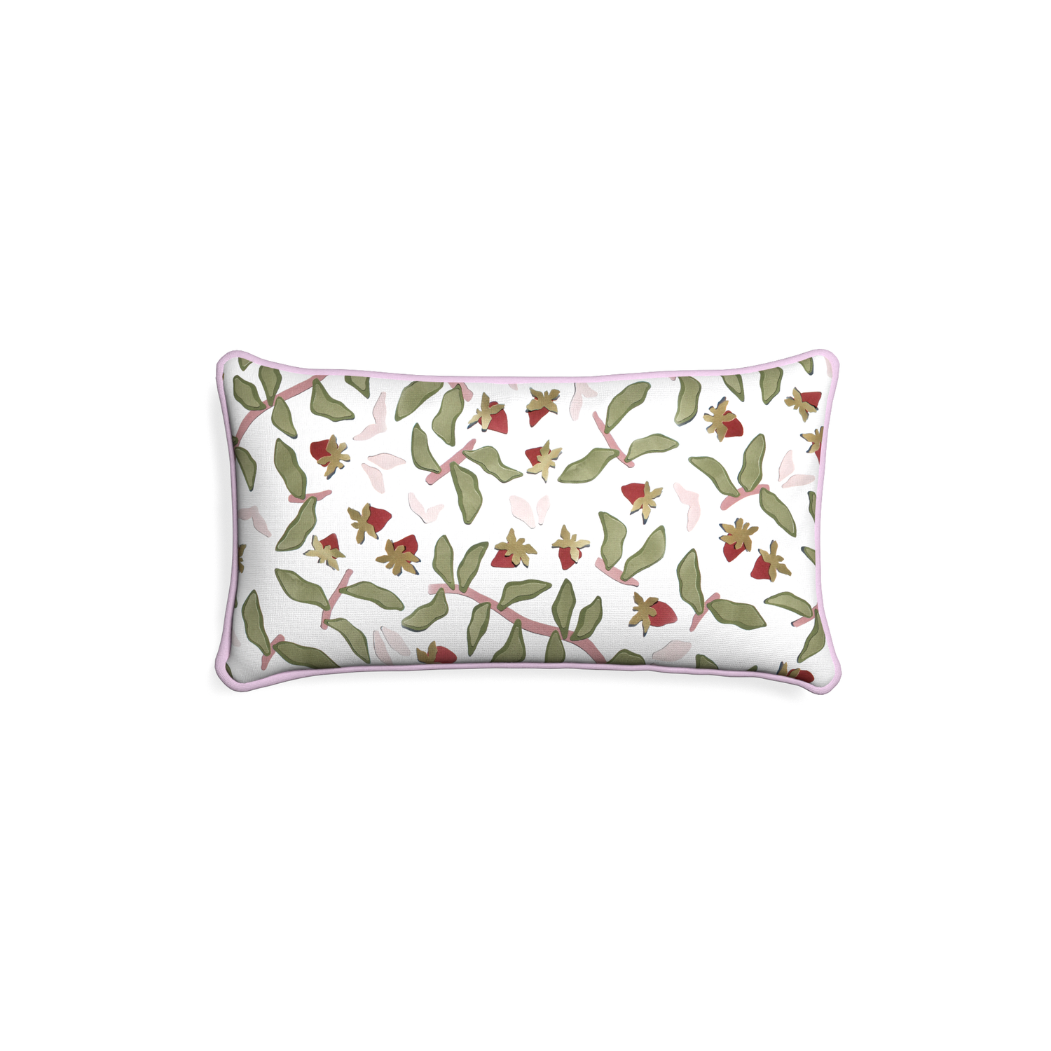 Petite-lumbar nellie custom strawberry & botanicalpillow with l piping on white background