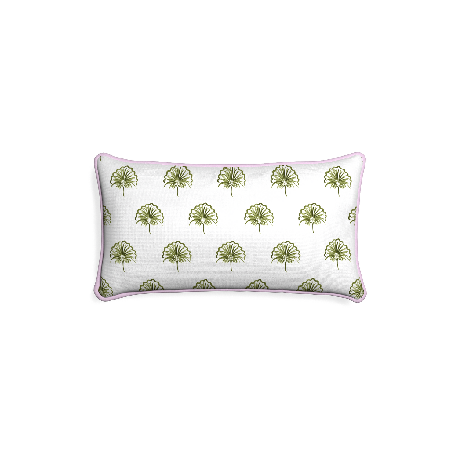 Petite-lumbar penelope moss custom green floralpillow with l piping on white background