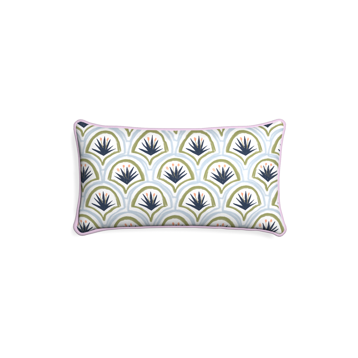 Petite-lumbar thatcher midnight custom art deco palm patternpillow with l piping on white background