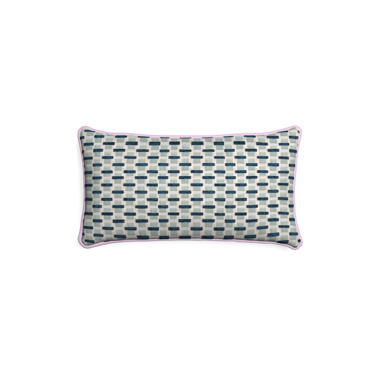 Petite-lumbar willow amalfi custom blue geometric chenillepillow with l piping on white background