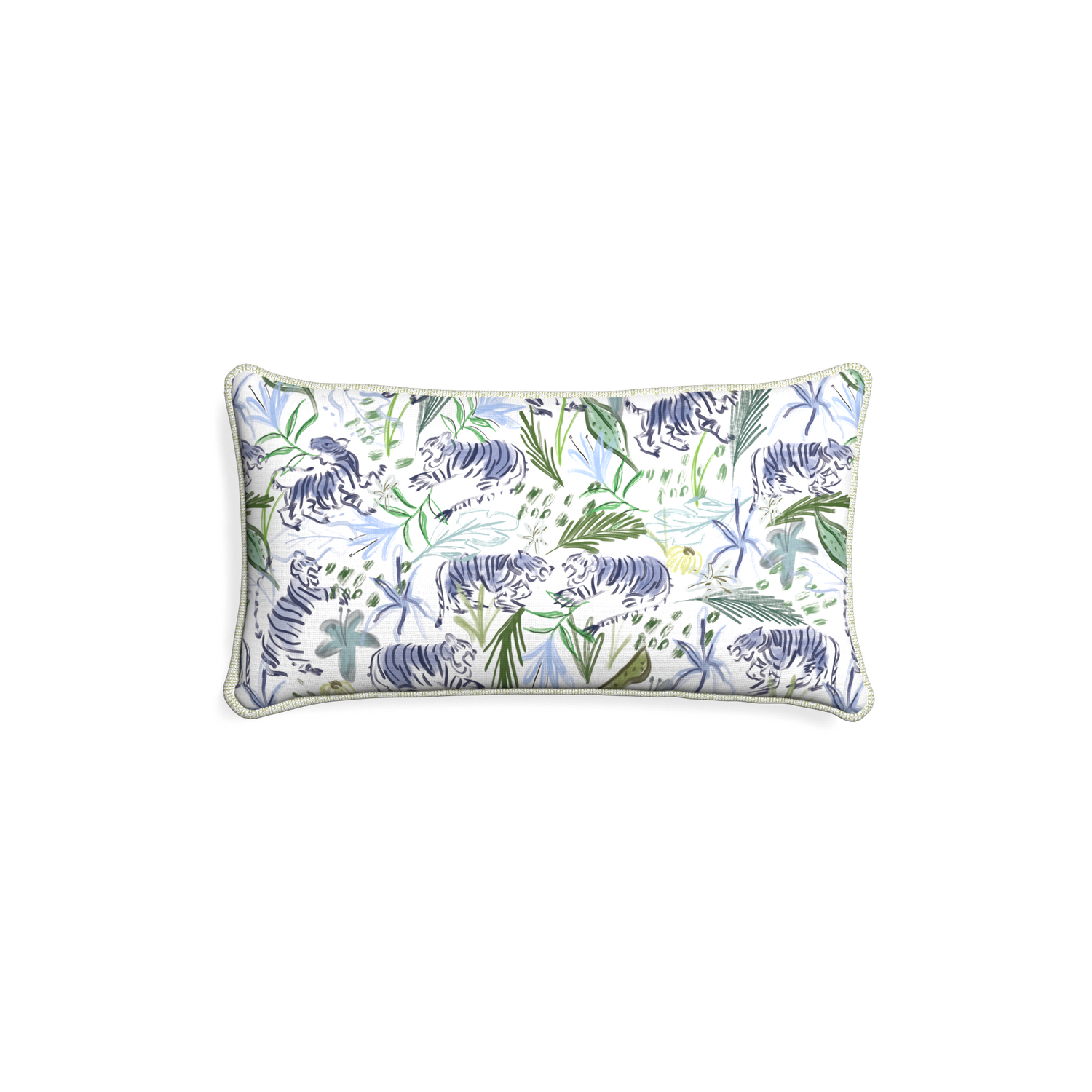Petite-lumbar frida green custom green tigerpillow with l piping on white background