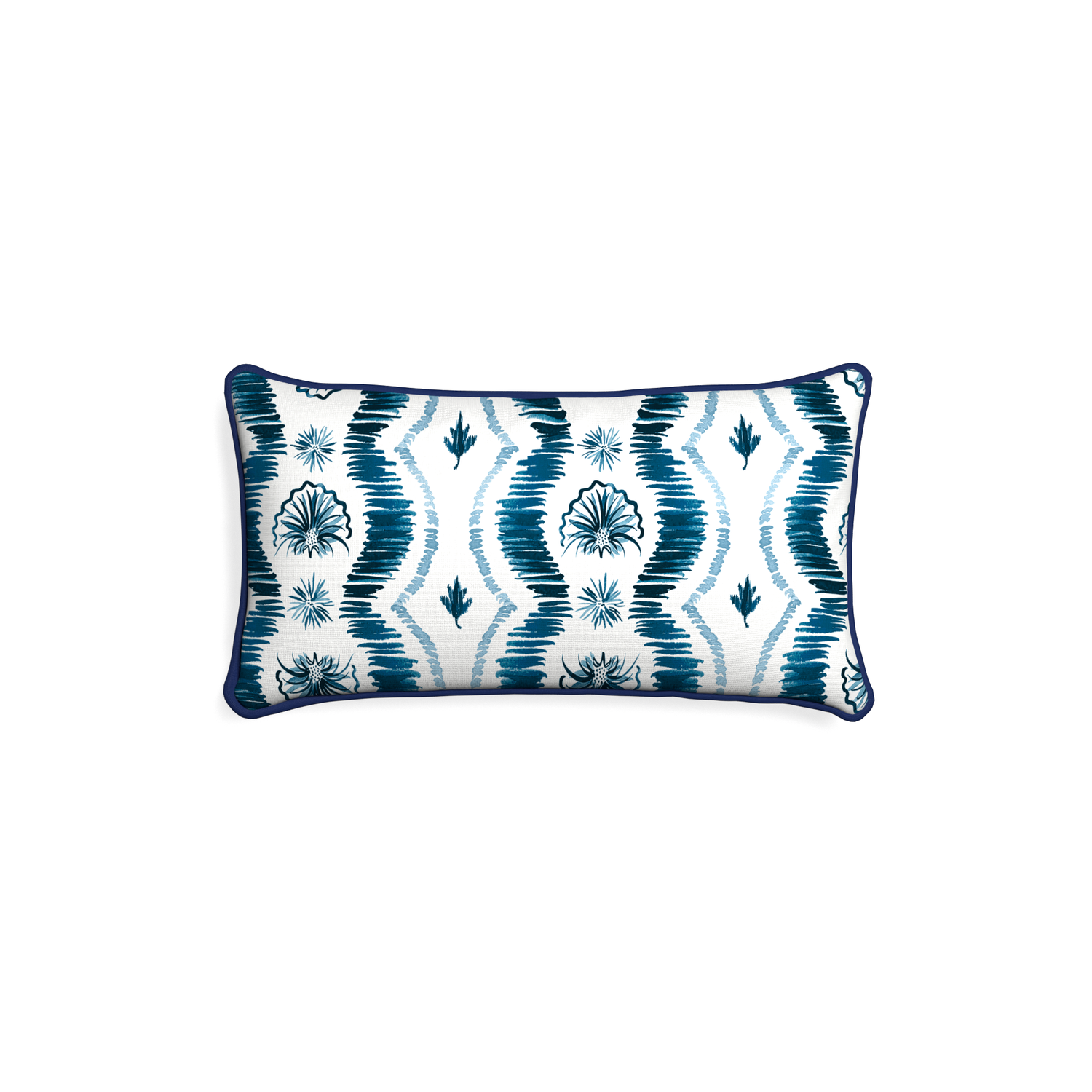 Petite-lumbar alice custom blue ikatpillow with midnight piping on white background