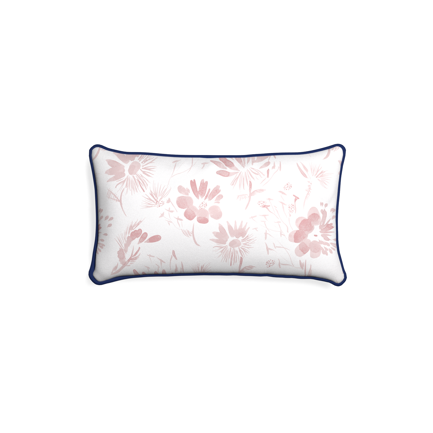 Petite-lumbar blake custom pink floralpillow with midnight piping on white background