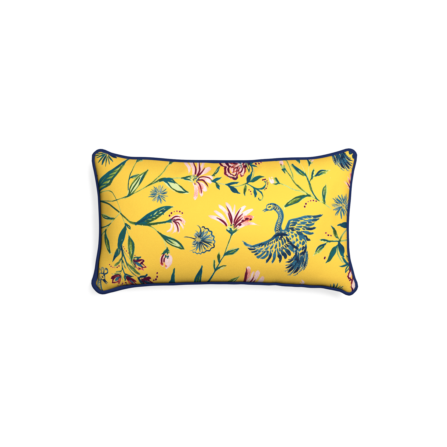 Petite-lumbar daphne canary custom yellow chinoiseriepillow with midnight piping on white background