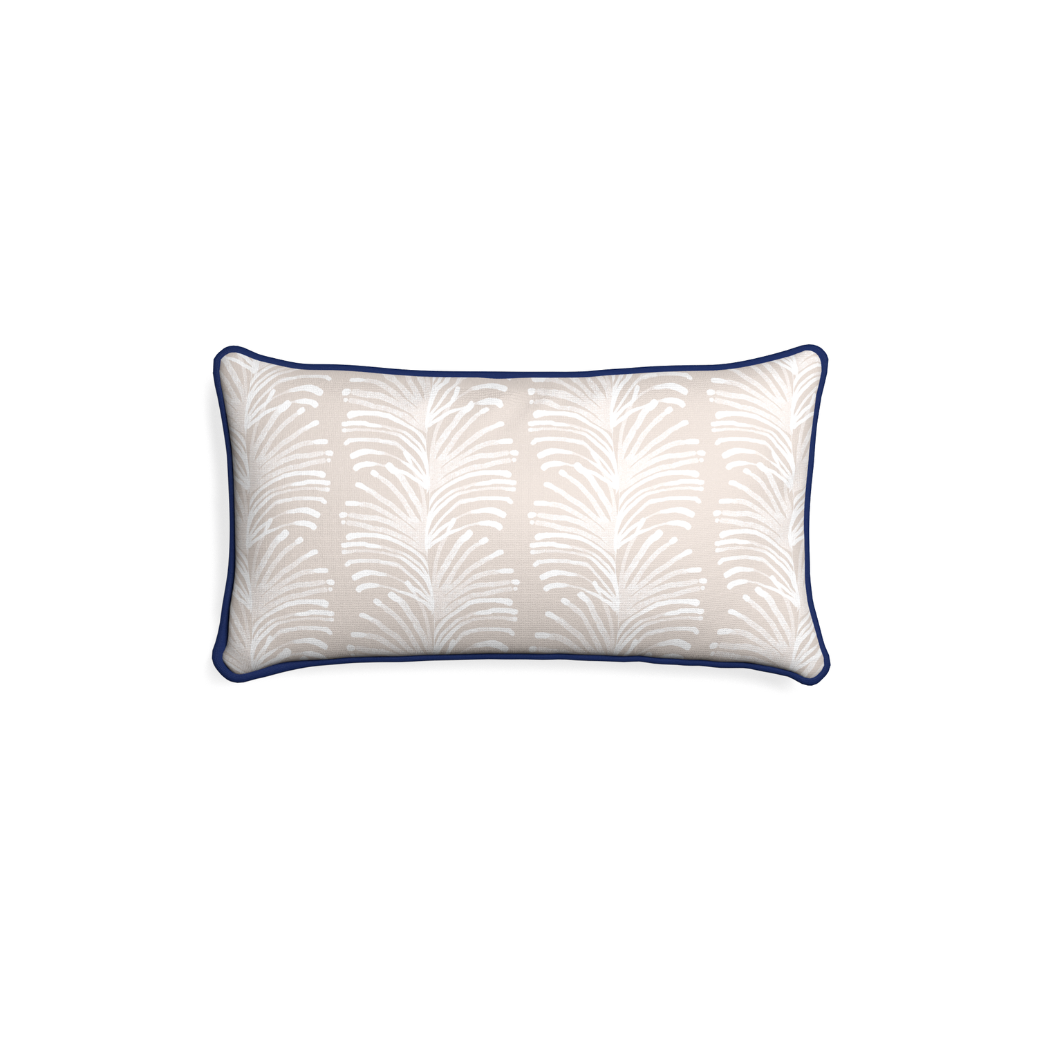 Petite-lumbar emma sand custom sand colored botanical stripepillow with midnight piping on white background