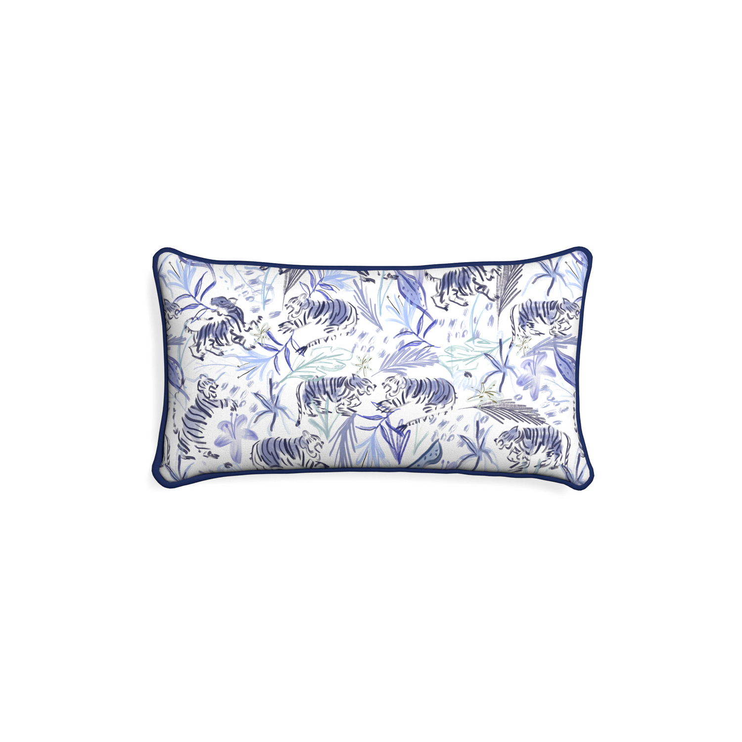 Petite-lumbar frida blue custom blue with intricate tiger designpillow with midnight piping on white background