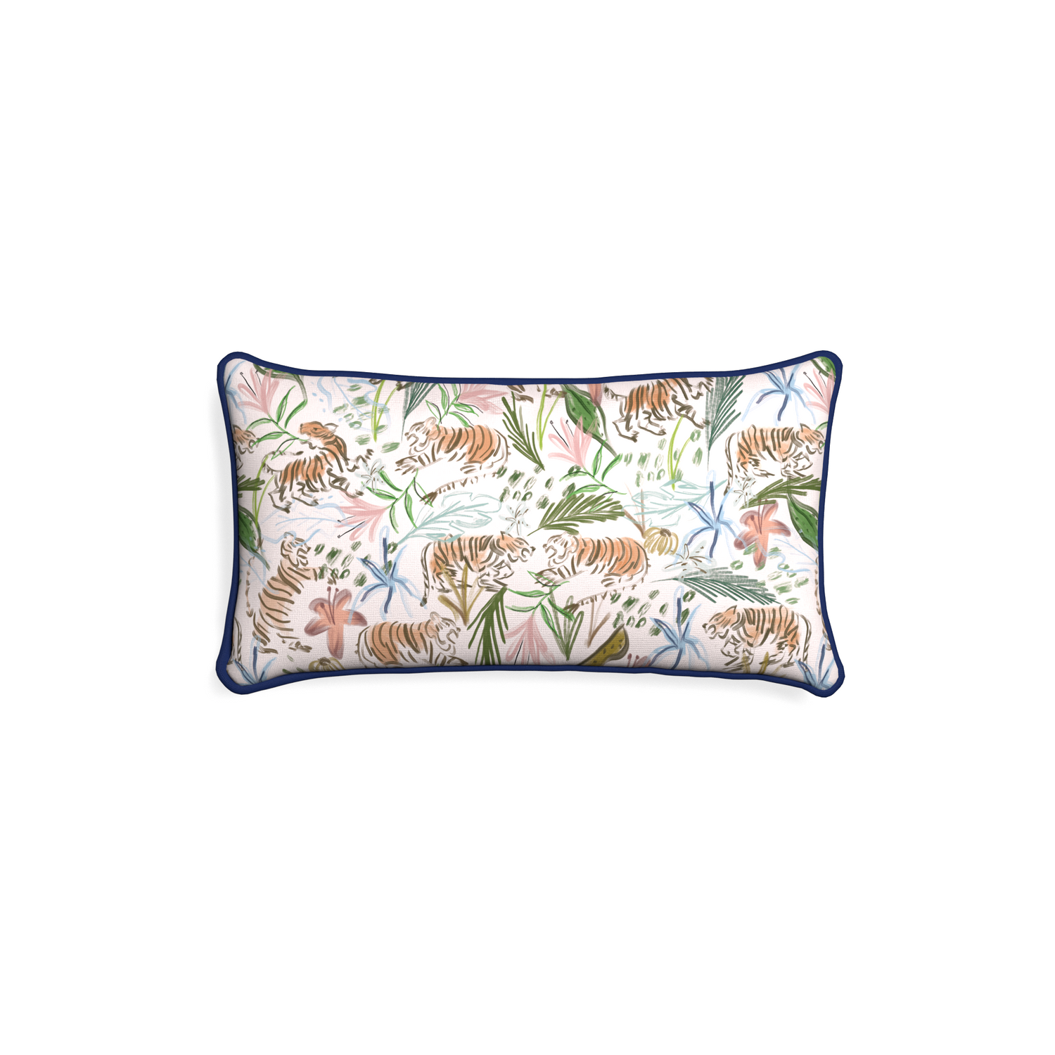 Petite-lumbar frida pink custom pink chinoiserie tigerpillow with midnight piping on white background
