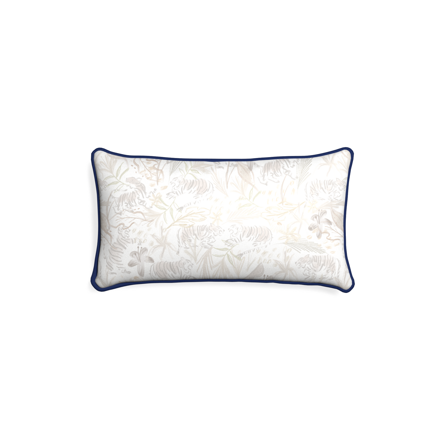 Petite-lumbar frida sand custom beige chinoiserie tigerpillow with midnight piping on white background