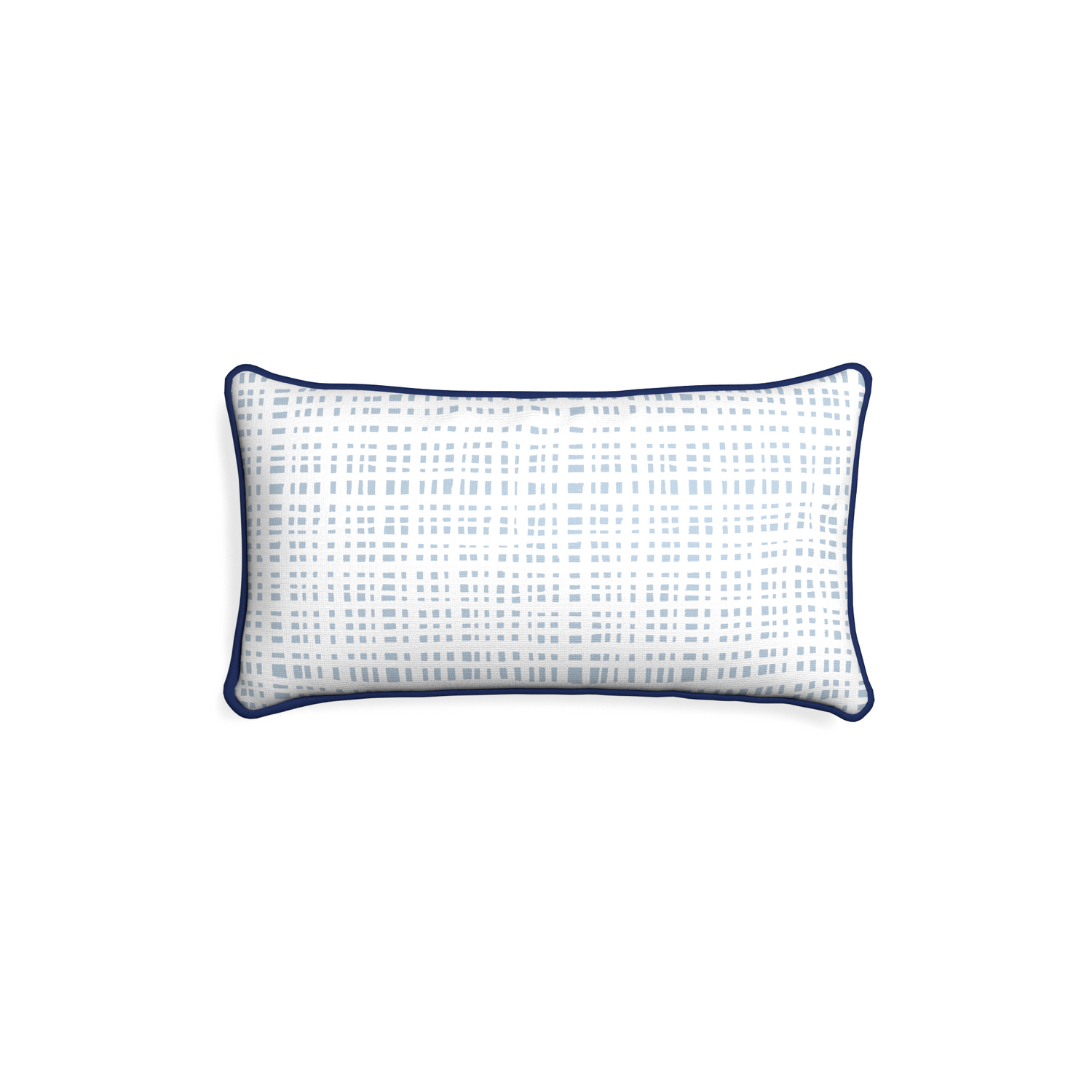 Petite-lumbar ginger sky custom plaid sky bluepillow with midnight piping on white background