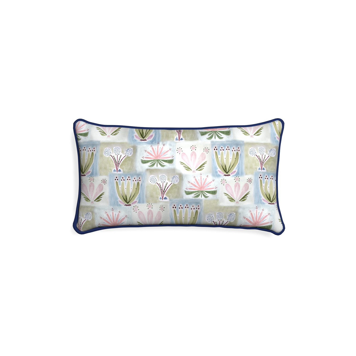 Petite-lumbar harper custom hand-painted floralpillow with midnight piping on white background