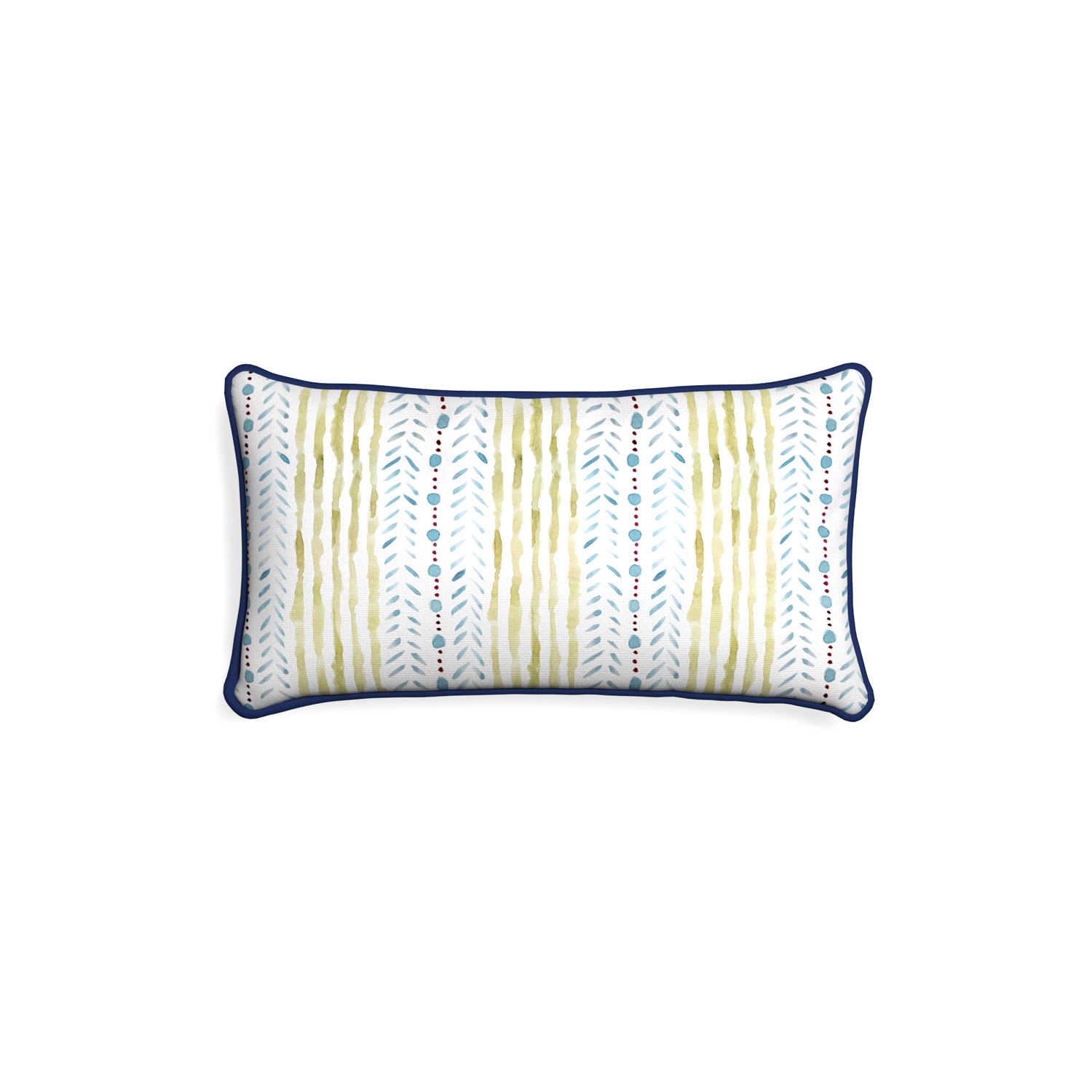 Petite-lumbar julia custom blue & green stripedpillow with midnight piping on white background