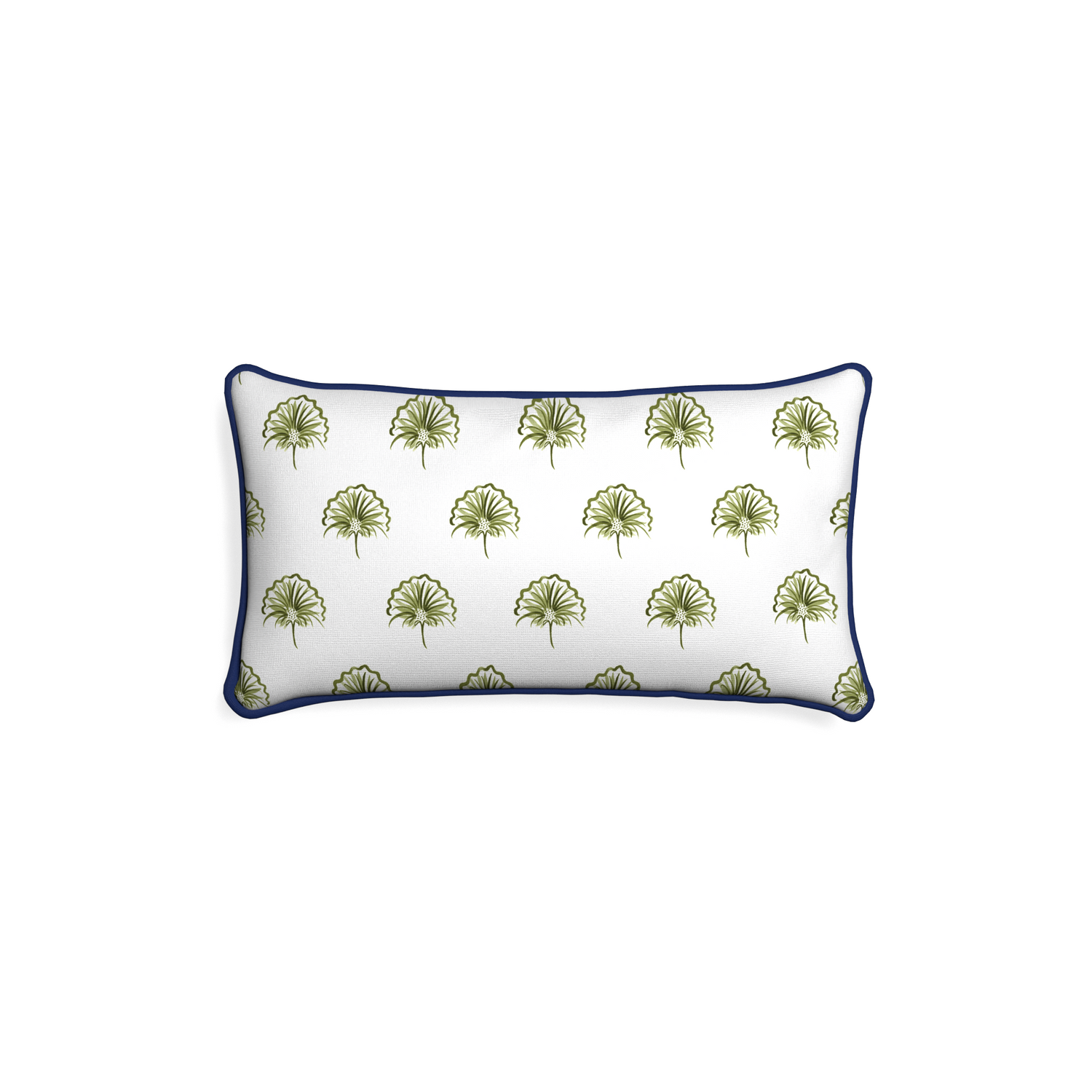Petite-lumbar penelope moss custom green floralpillow with midnight piping on white background