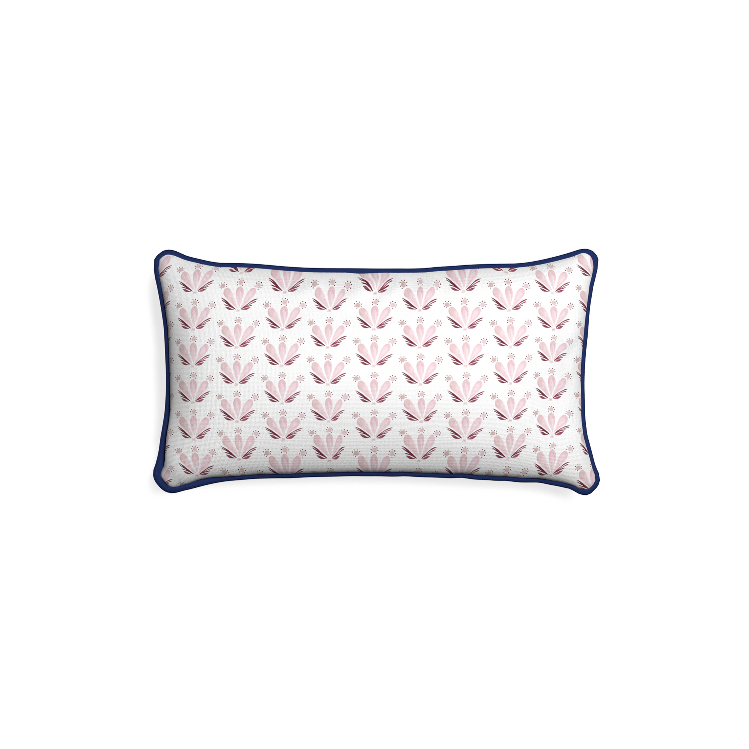 Petite-lumbar serena pink custom pink & burgundy drop repeat floralpillow with midnight piping on white background