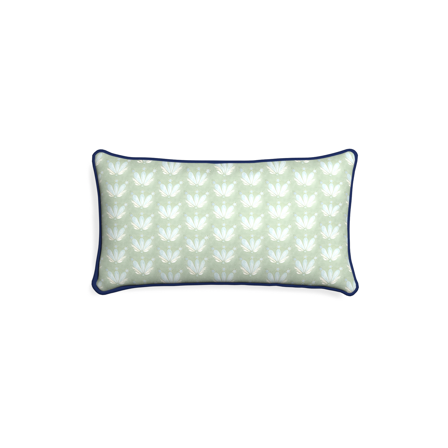 Petite-lumbar serena sea salt custom blue & green floral drop repeatpillow with midnight piping on white background