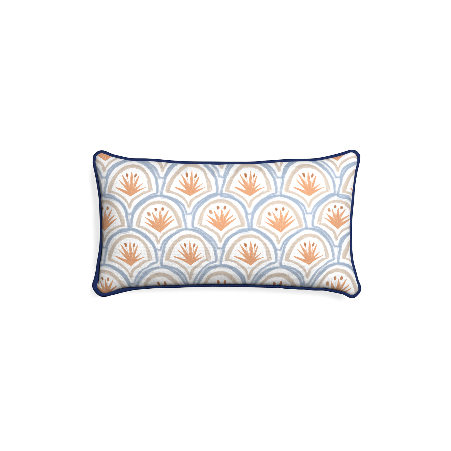 Petite-lumbar thatcher apricot custom art deco palm patternpillow with midnight piping on white background