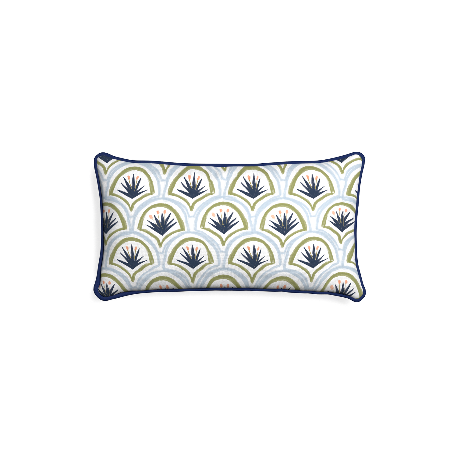 Petite-lumbar thatcher midnight custom art deco palm patternpillow with midnight piping on white background