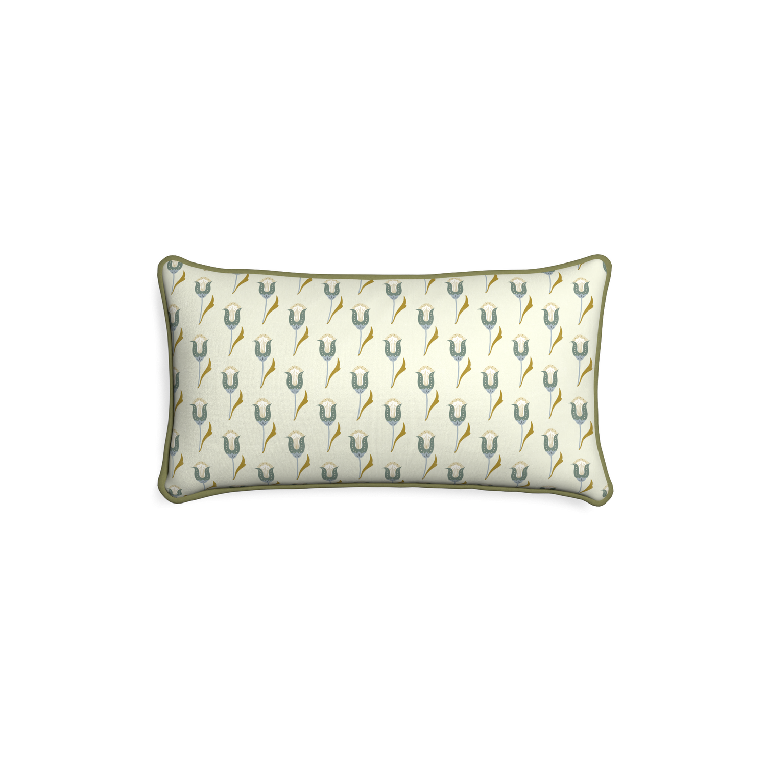 rectangle cream pillow with blue tulips and moss green piping