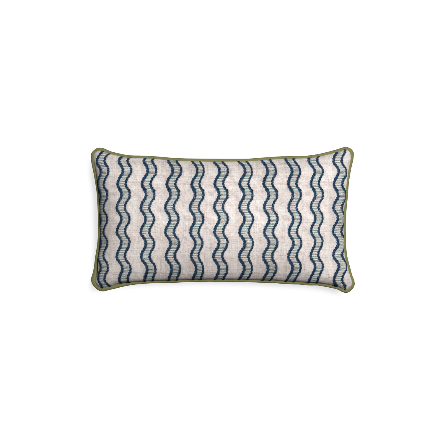 Petite-lumbar beatrice custom embroidered wavepillow with moss piping on white background