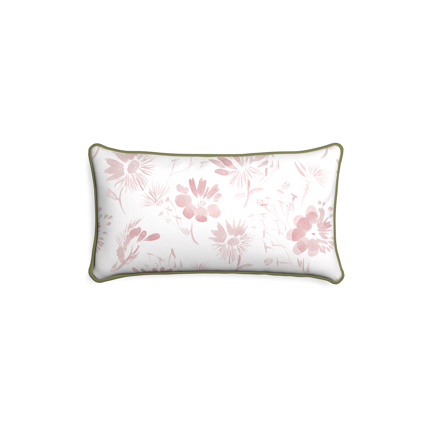 Petite-lumbar blake custom pink floralpillow with moss piping on white background