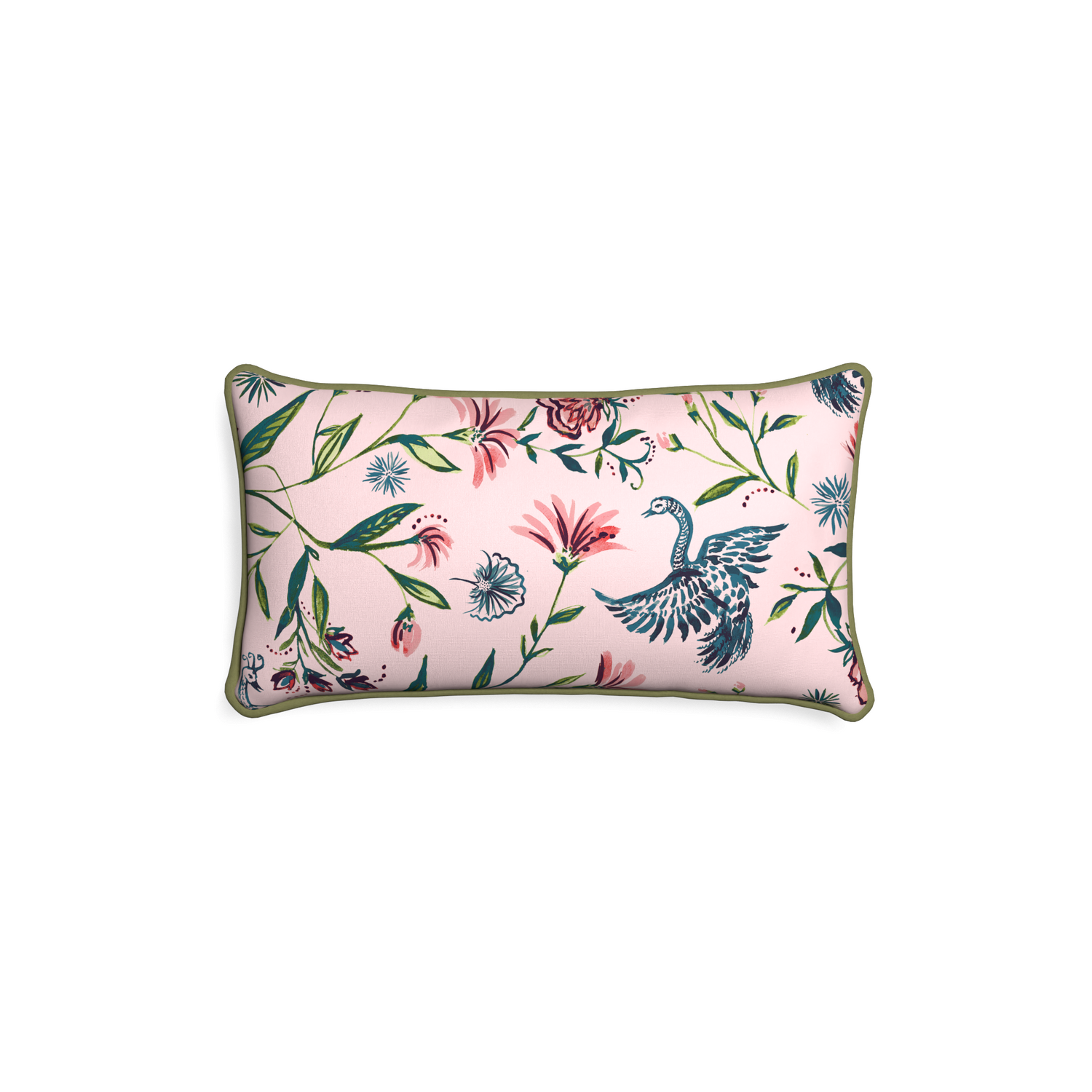 rectangle pink chinoiserie pillow with moss green piping