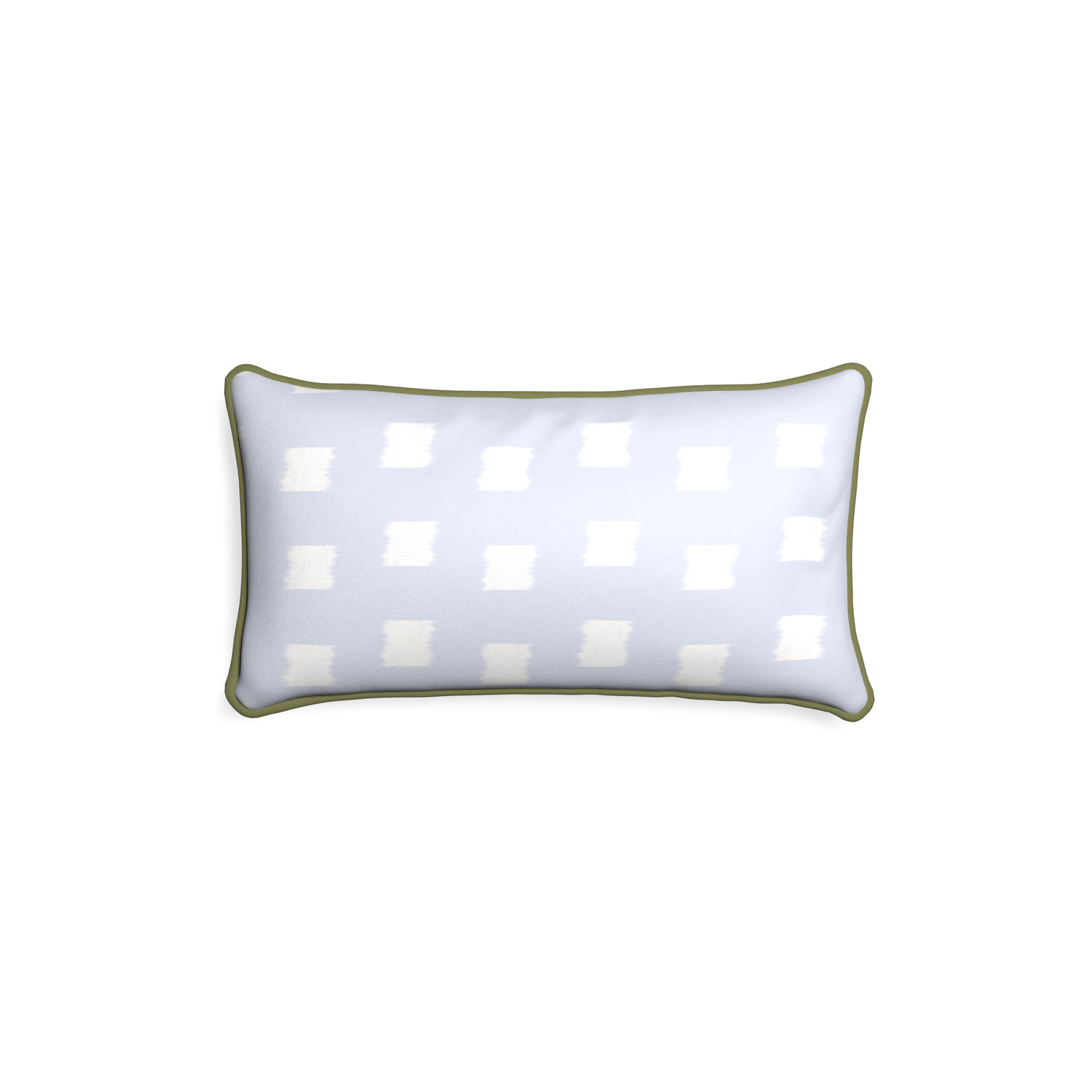 Petite-lumbar denton custom sky blue patternpillow with moss piping on white background