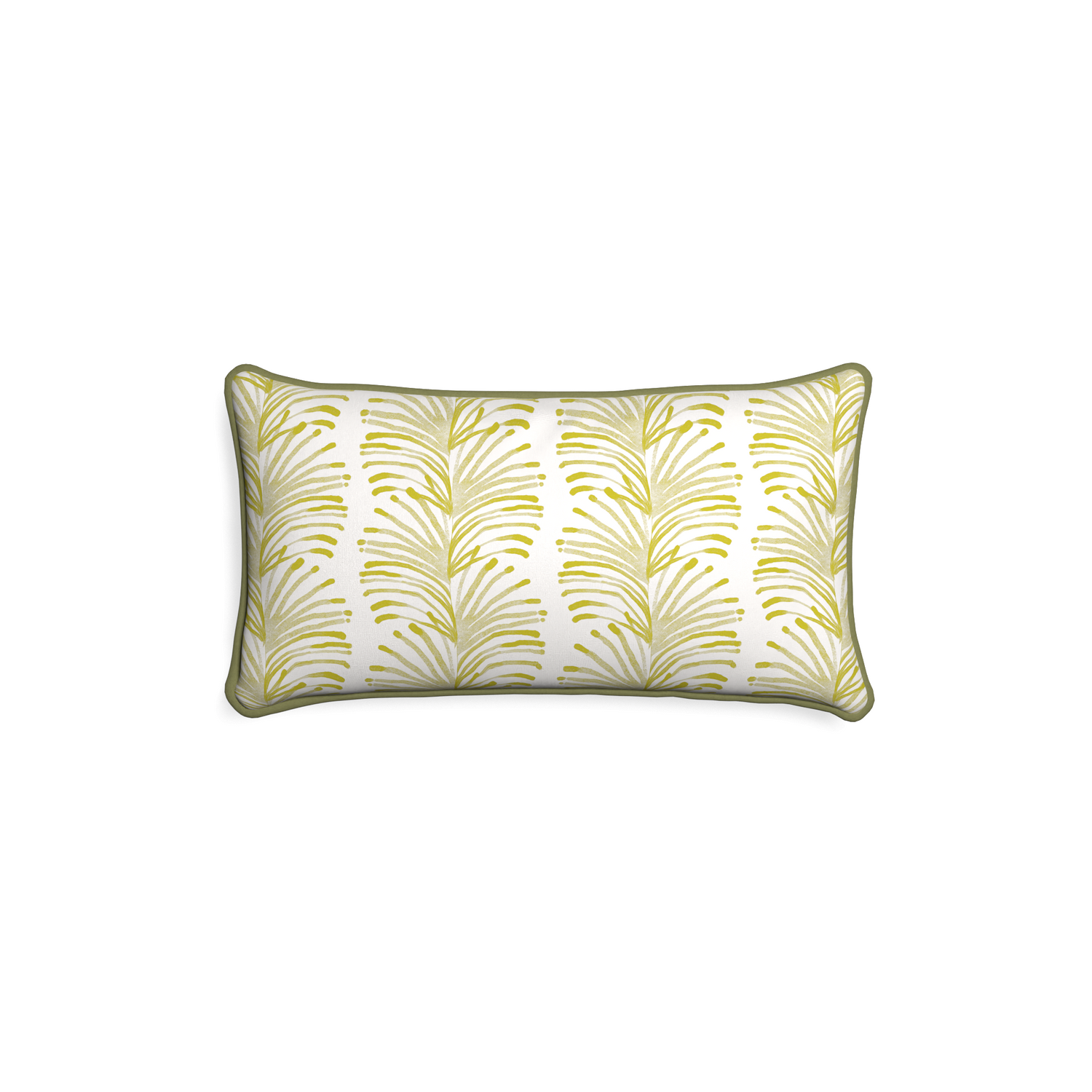 Petite-lumbar emma chartreuse custom yellow stripe chartreusepillow with moss piping on white background