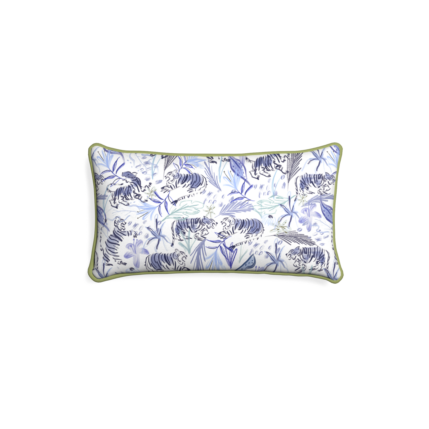 Petite-lumbar frida blue custom blue with intricate tiger designpillow with moss piping on white background