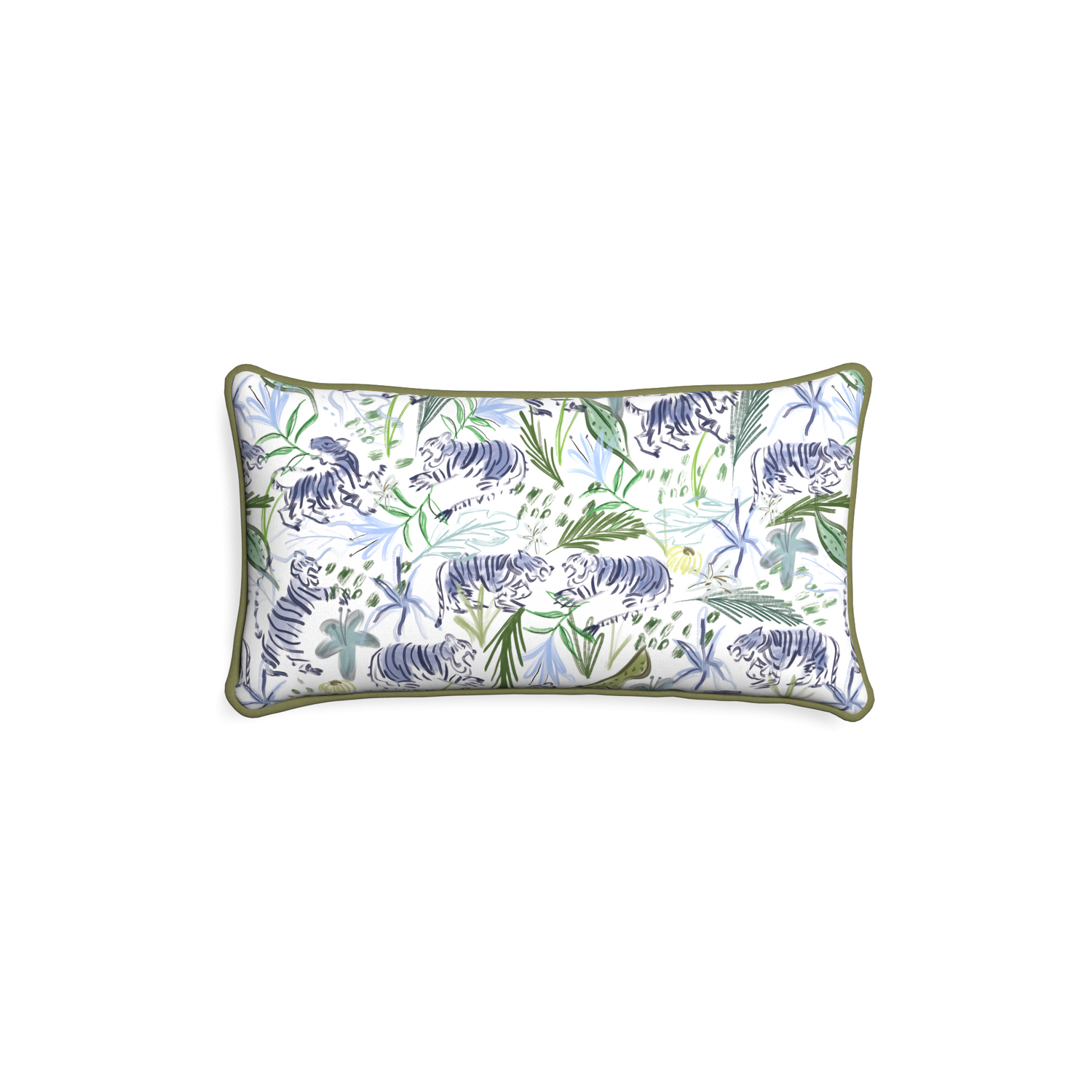 Petite-lumbar frida green custom green tigerpillow with moss piping on white background