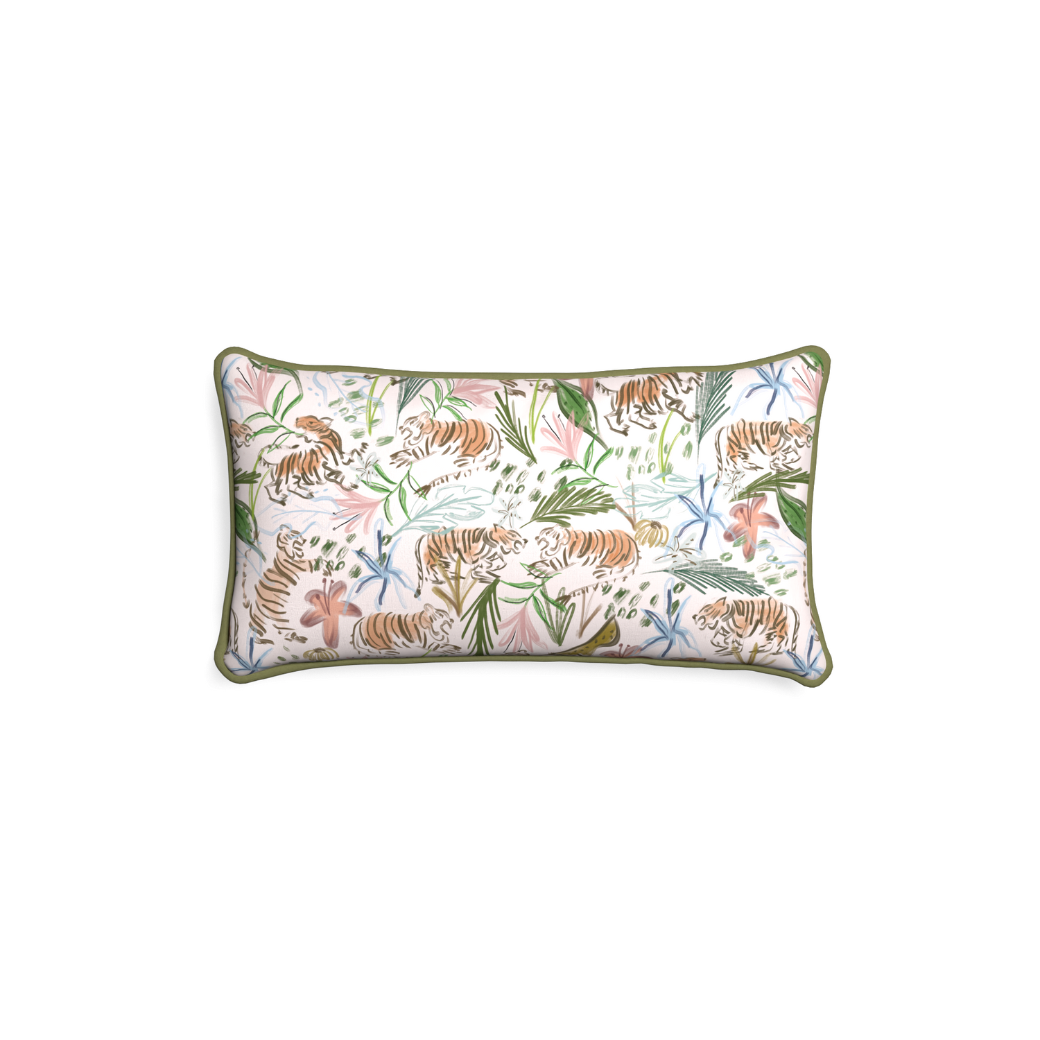 rectangle pink chinoiserie tiger pillow with moss green piping 