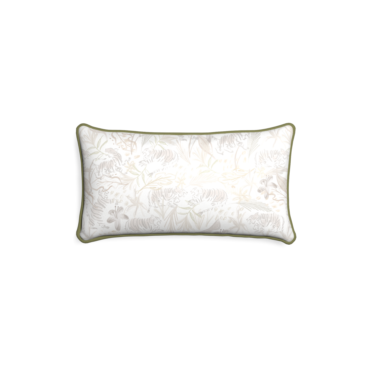 rectangle beige chinoiserie tiger pillow with moss green piping 