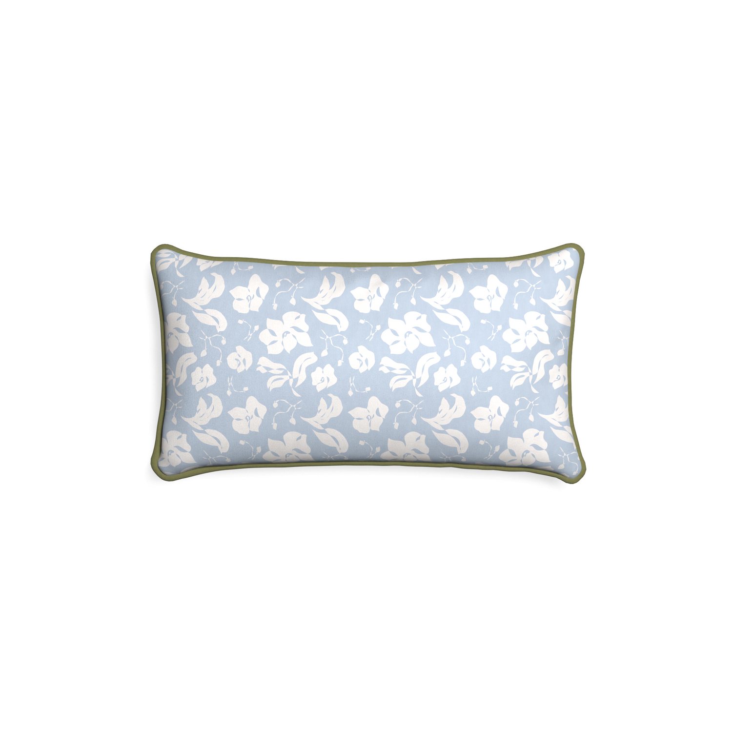 rectangle cornflower blue floral pillow with moss green piping