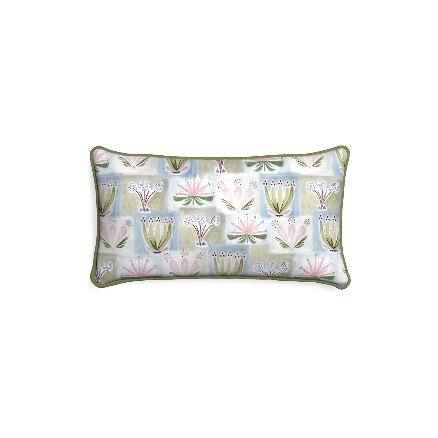 rectangle hand painted floral pillow with moss green piping