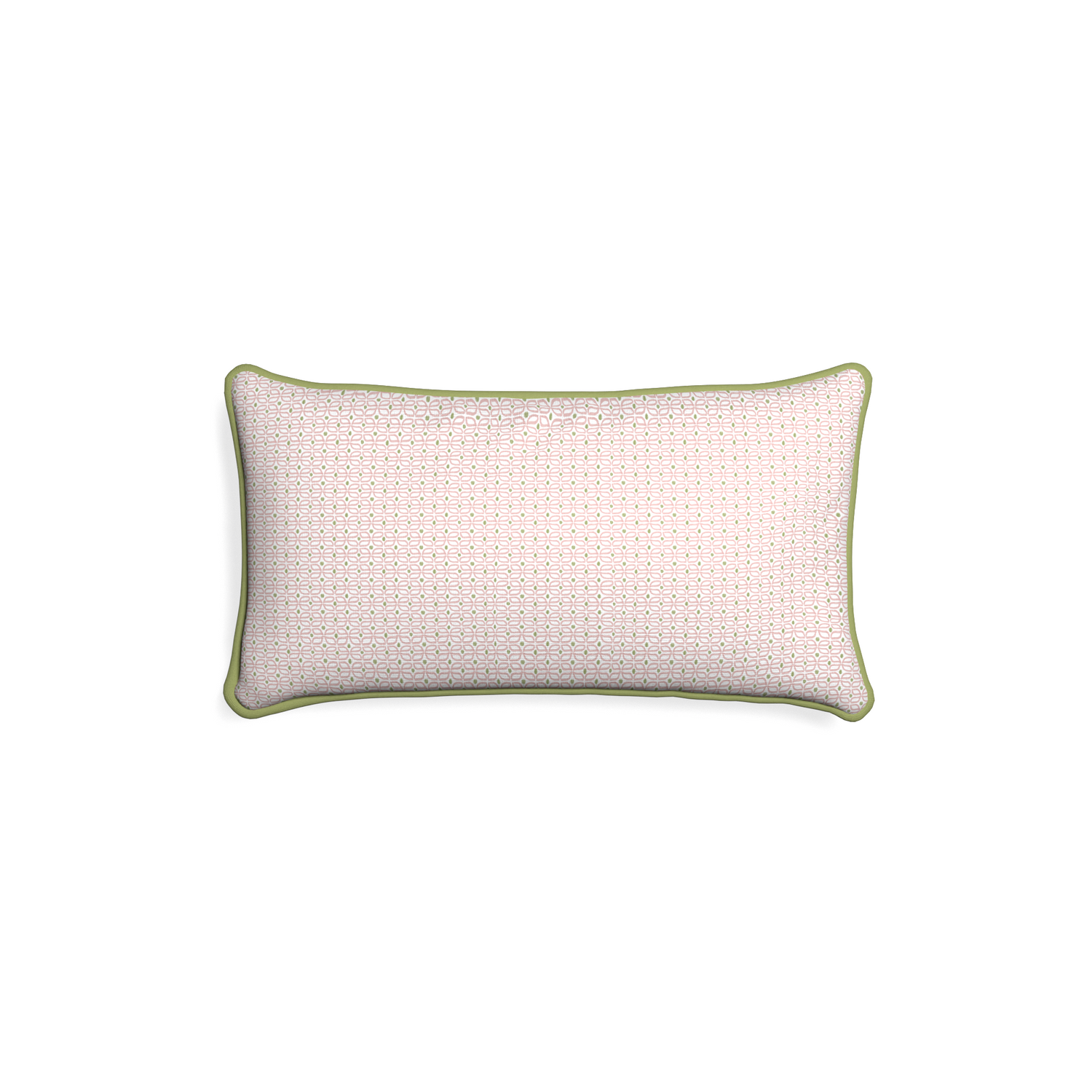 Petite-lumbar loomi pink custom pink geometricpillow with moss piping on white background