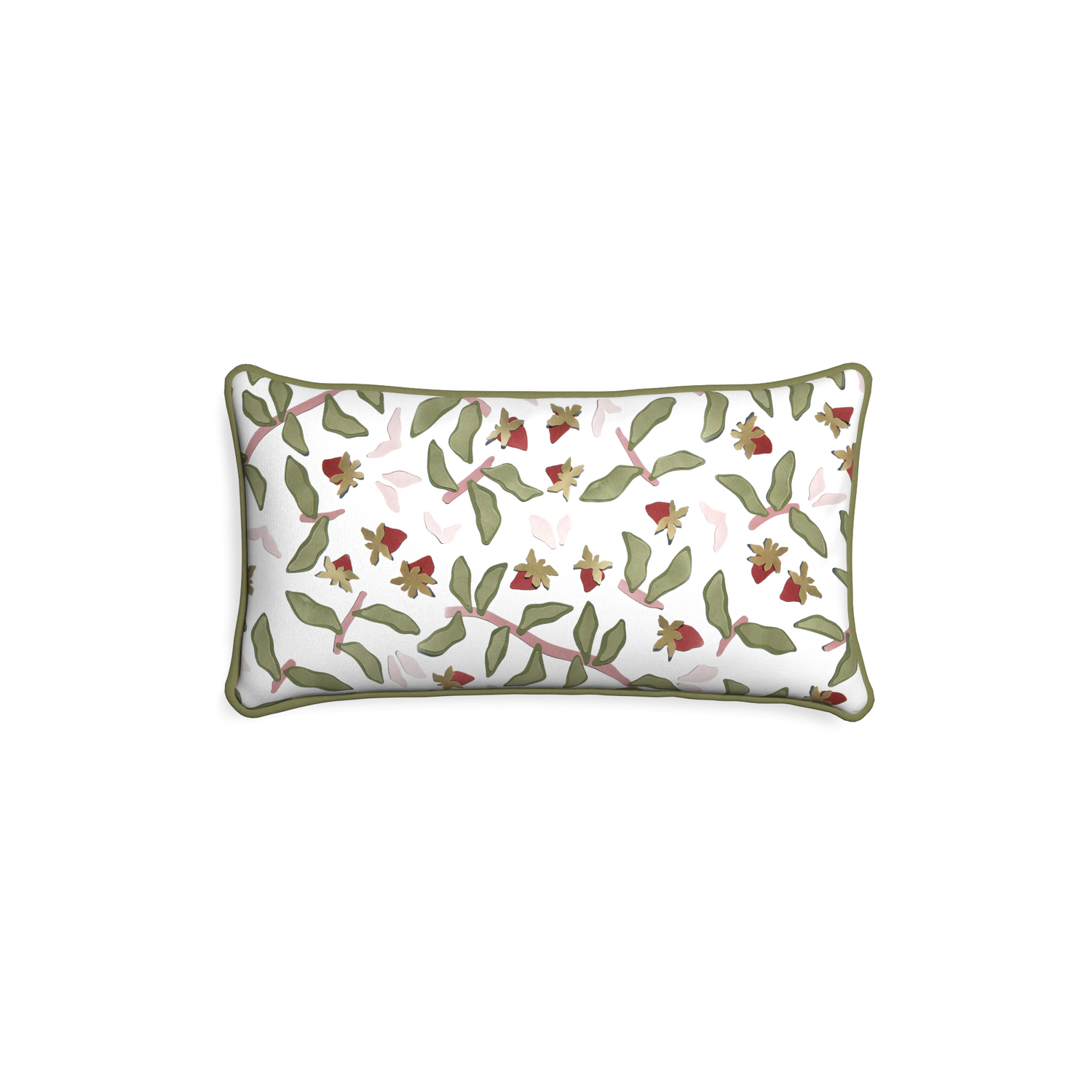 rectangle strawberry and botanical pillow with moss green piping 
